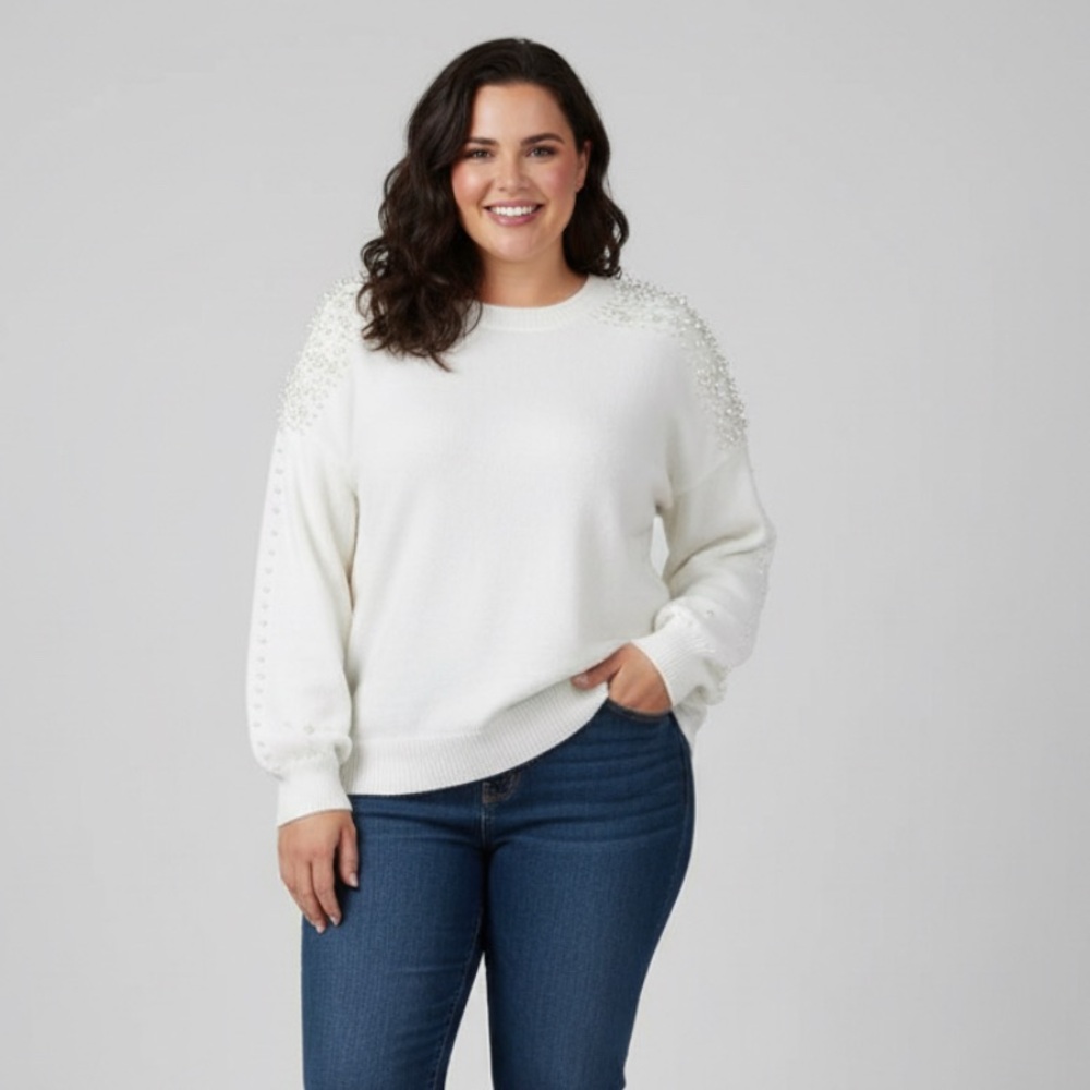 GeeGee Plus Size 3X Pearl Embellished Knit Sweater Cream Ivory Crewneck Stretch
